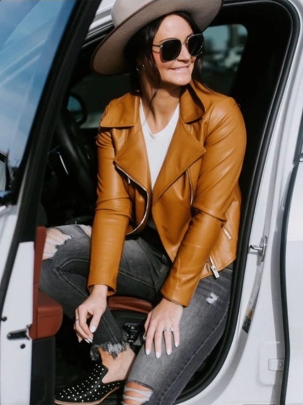 Women’s Cognac Faux Leather Moto Jacket by
